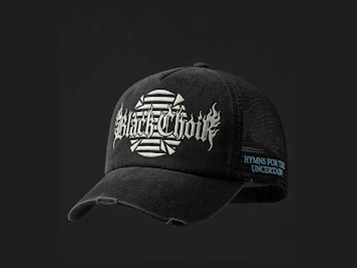 Black distressed trucker hat with embroidered Black Choir logo
