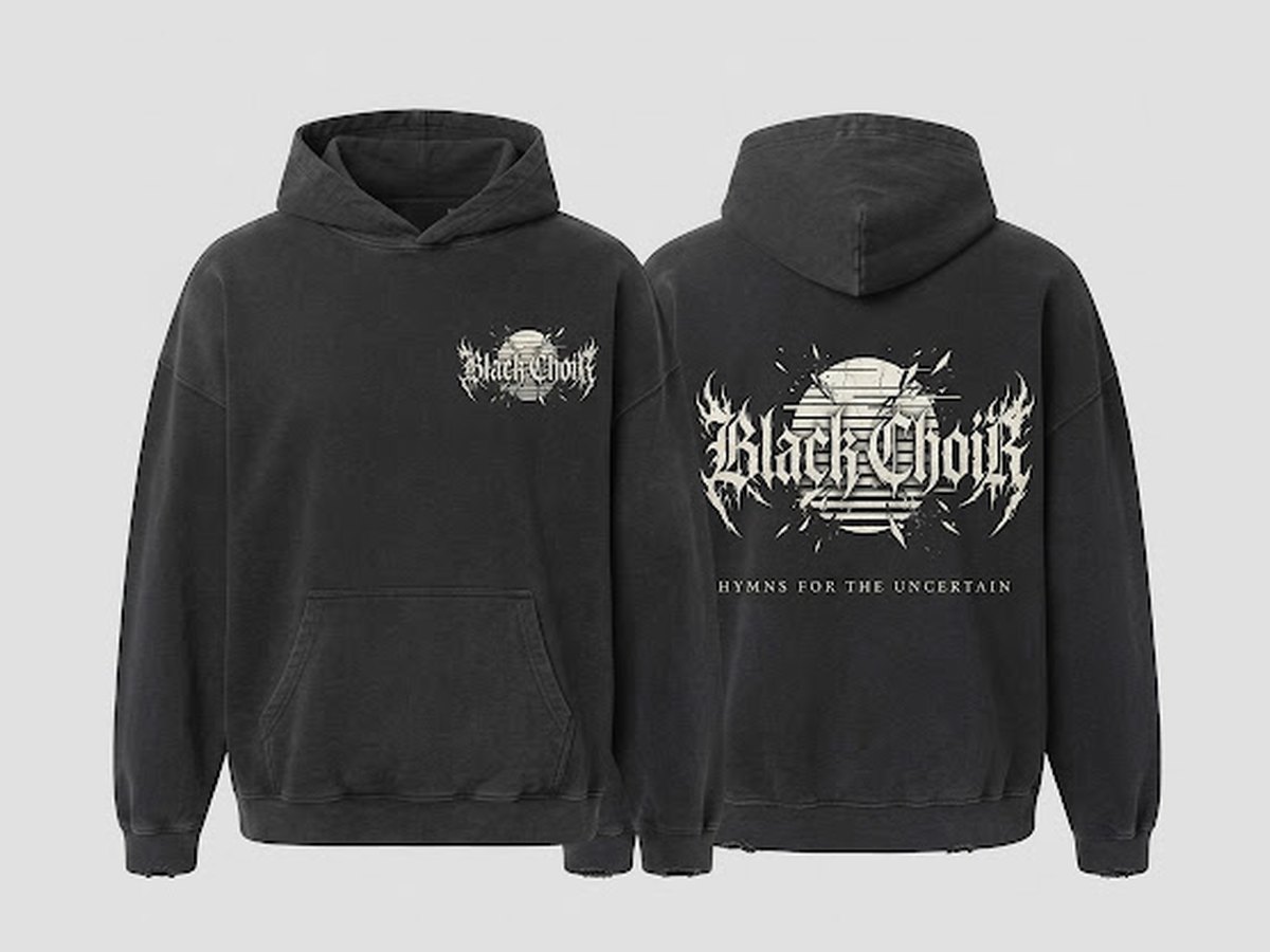 Washed black Black Choir hoodie: small chest logo, large logo and Hymns for the uncertain on the back