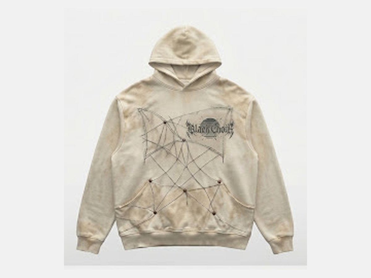 Distressed bone Black Choir hoodie with hand-stitched web and chest logo