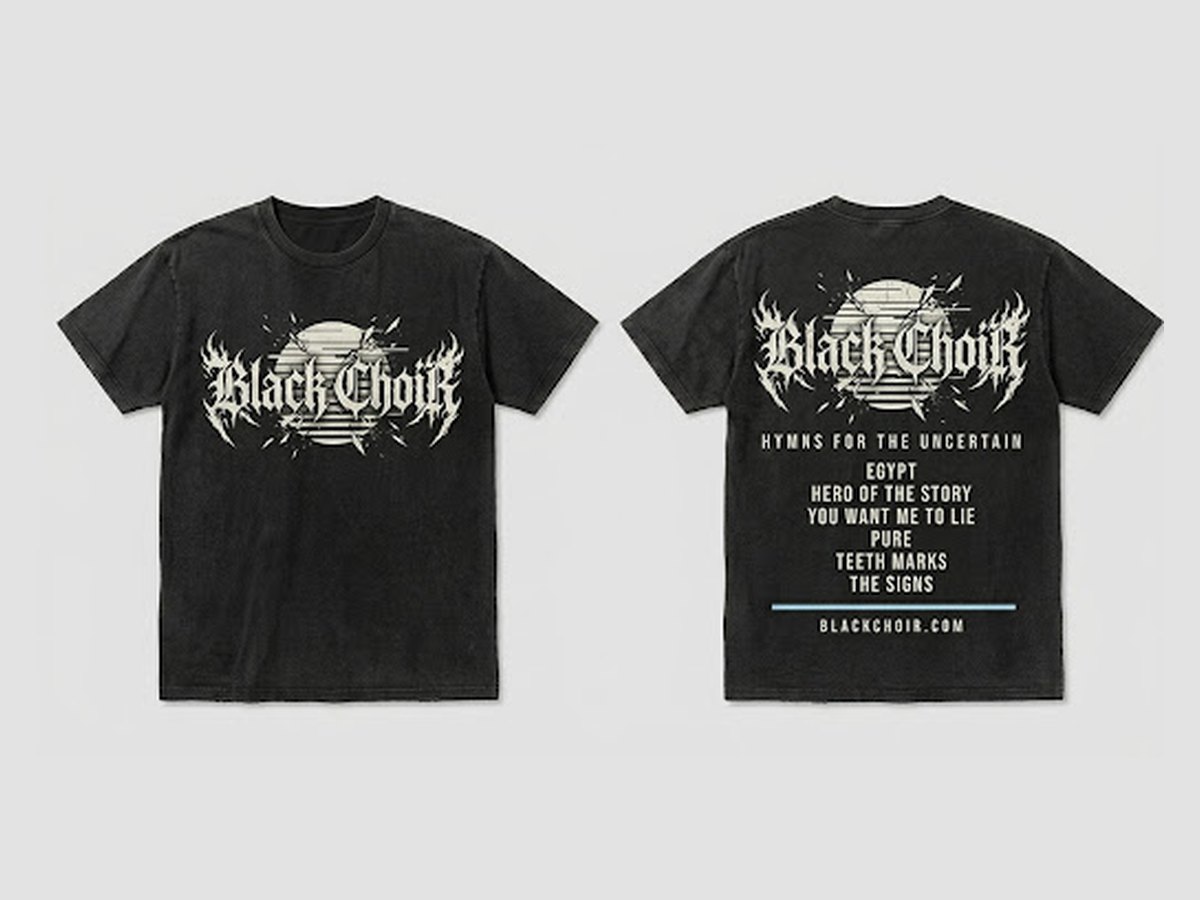 Washed black Black Choir tour tee: large logo on the front, logo, Hymns for the uncertain and the first six songs on the back