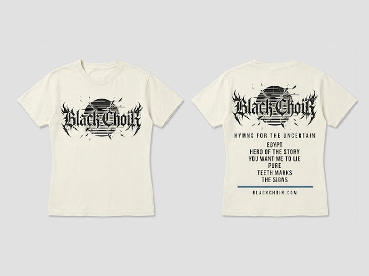 Off-white women's fit Black Choir tour tee with the logo on the front and setlist on the back